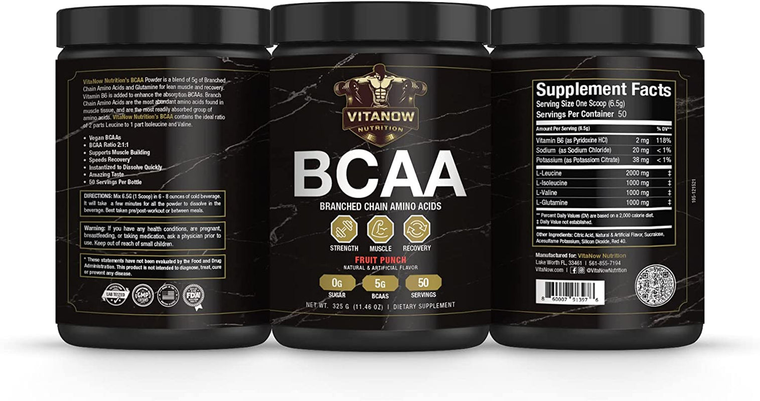 VITANOW NUTRITION BCAA (Branched Chain Amino Acids), Sugar Free, Supports Muscle Building, Vegan Bcaas, 325G, 50 Servings (Fruit Punch)