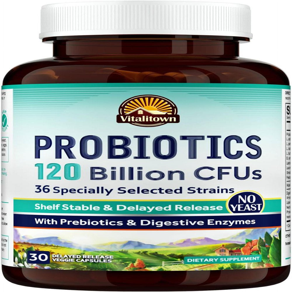 VITALITOWN Probiotics 120 Billion Cfus , 36 Strains, with Prebiotics & Digestive Enzymes for Men Women , Shelf Stable , Digestive & Immune Support , Vegan, Non-Gmo , 30 Delayed Release Veg Caps