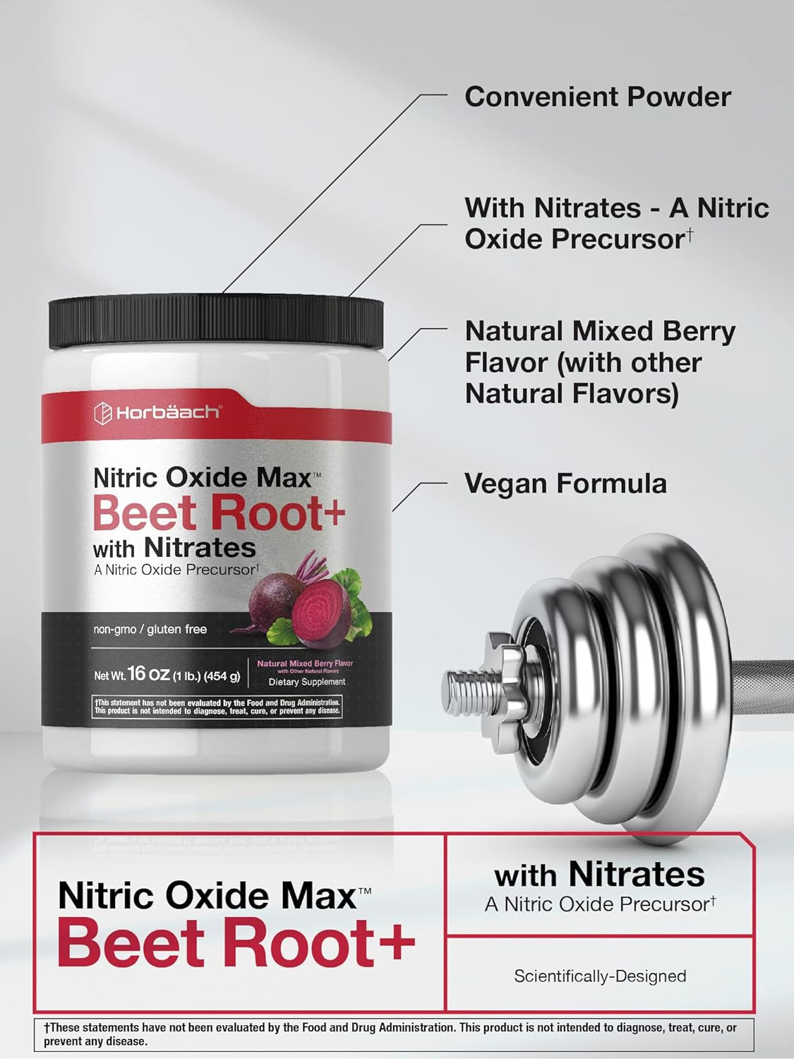 Nitric Oxide Beet Root Powder | 16 Oz (454G) | Natural Mixed Berry Flavor | with Nitrates | Vegan, Non-Gmo, and Gluten Free Supplement | by Horbaach