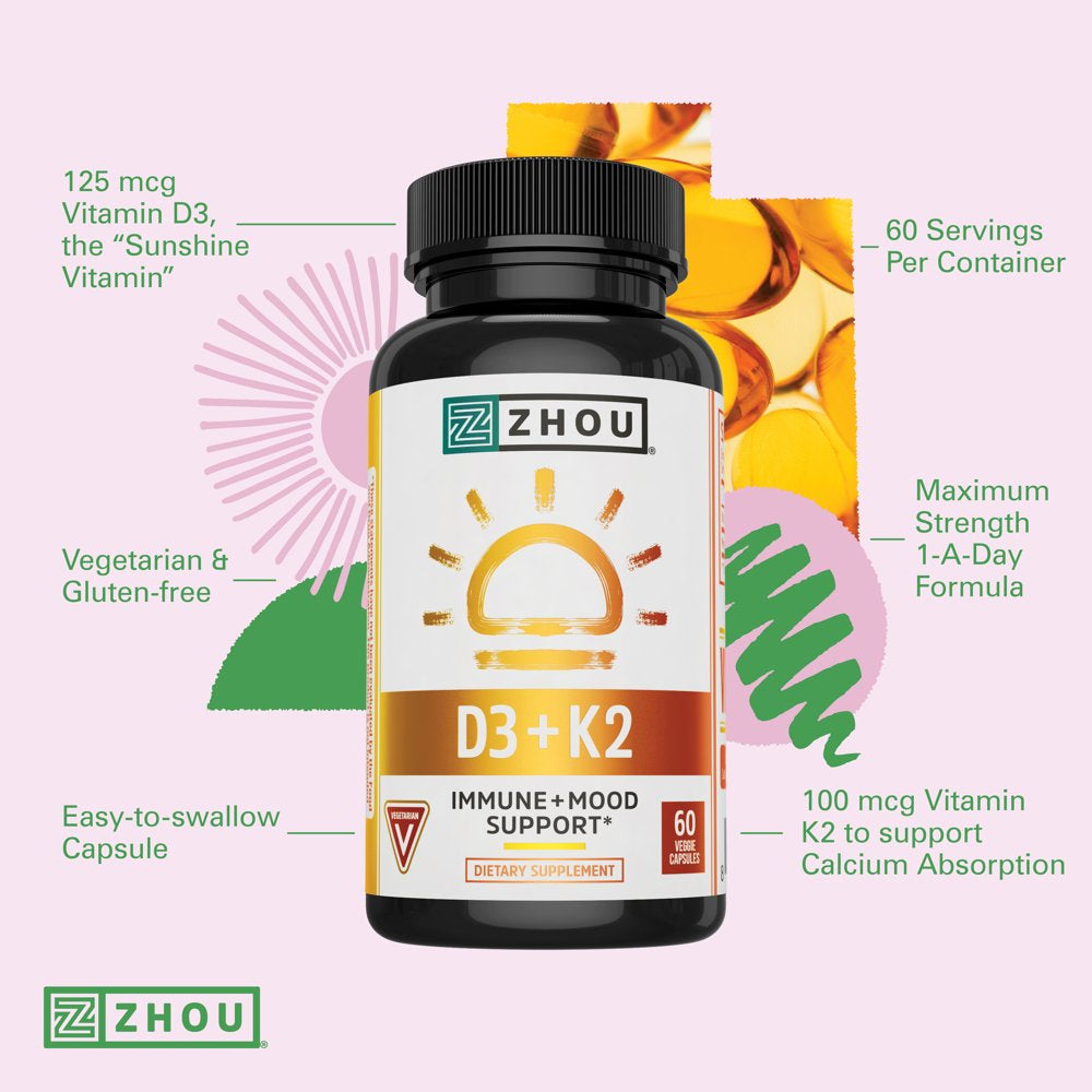 Zhou Nutrition Vitamin D3 K2, Bone and Heart Health Formula 5000 IU Vitamin D3 & 100 Mcg Vitamin K2, Max Strength 2 in 1 Immune Support and Calcium Absorption, Gluten Free, 60 Count