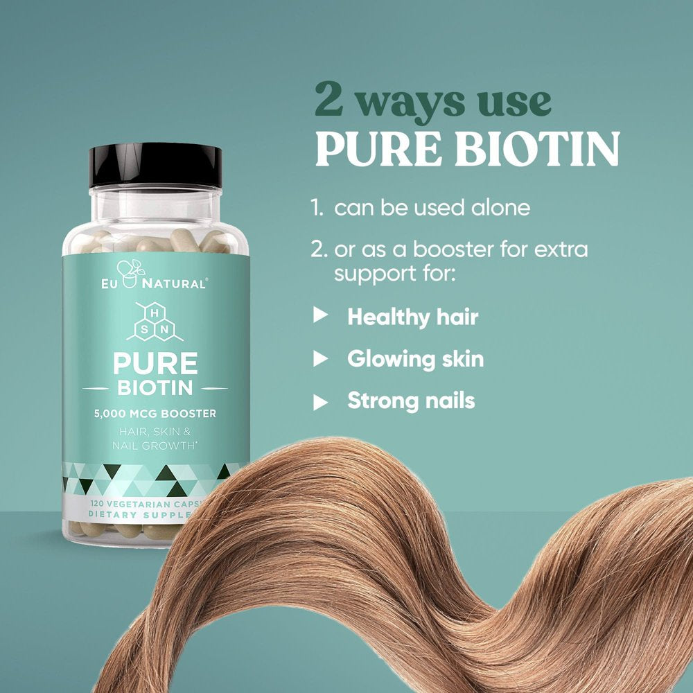 Biotin 5000 Mcg Hair Skin Nails Supplement – High-Potency Hair Growth Vitamins for Women & Men – Provide Powerful Support for Healthy Hair, Stronger Nails and Glowing Skin – 120 Vegan Soft Capsules