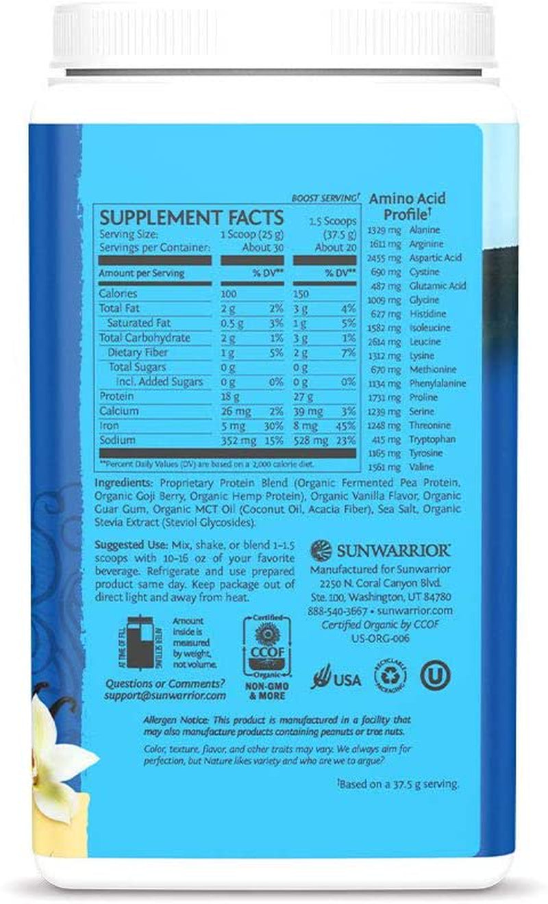 Sunwarrior USDA Organic Vanilla Plant Protein Powder with BCAA | Vegan Plant Based Protein Powder, 750G