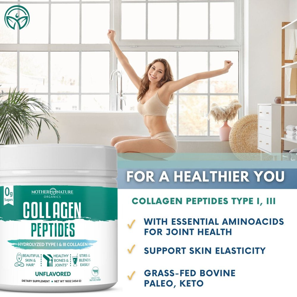 Mother Nature Organics Hydrolyzed Collagen Peptides Powder 1Lb, 10G Protein Serving, Type I-III