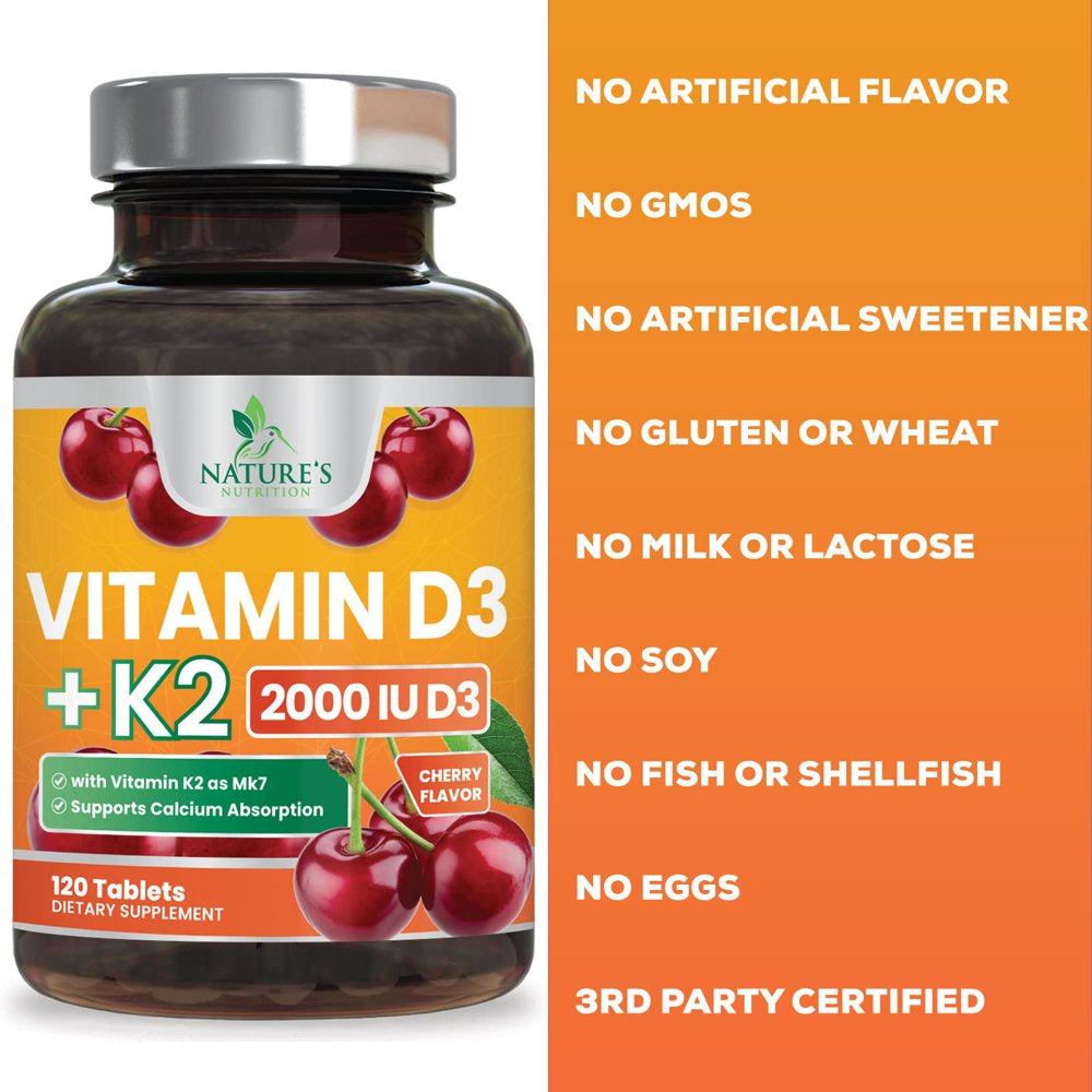 Vitamin D3 K2 as MK-7 with 2000Iu of D3 & 75Mcg K2, Vitamin K2 D3 Bone Strength Supplements Support Calcium Absorbtion for Teeth & Bone Health + Muscle & Immune Health Support - 120 Chewable Tablets