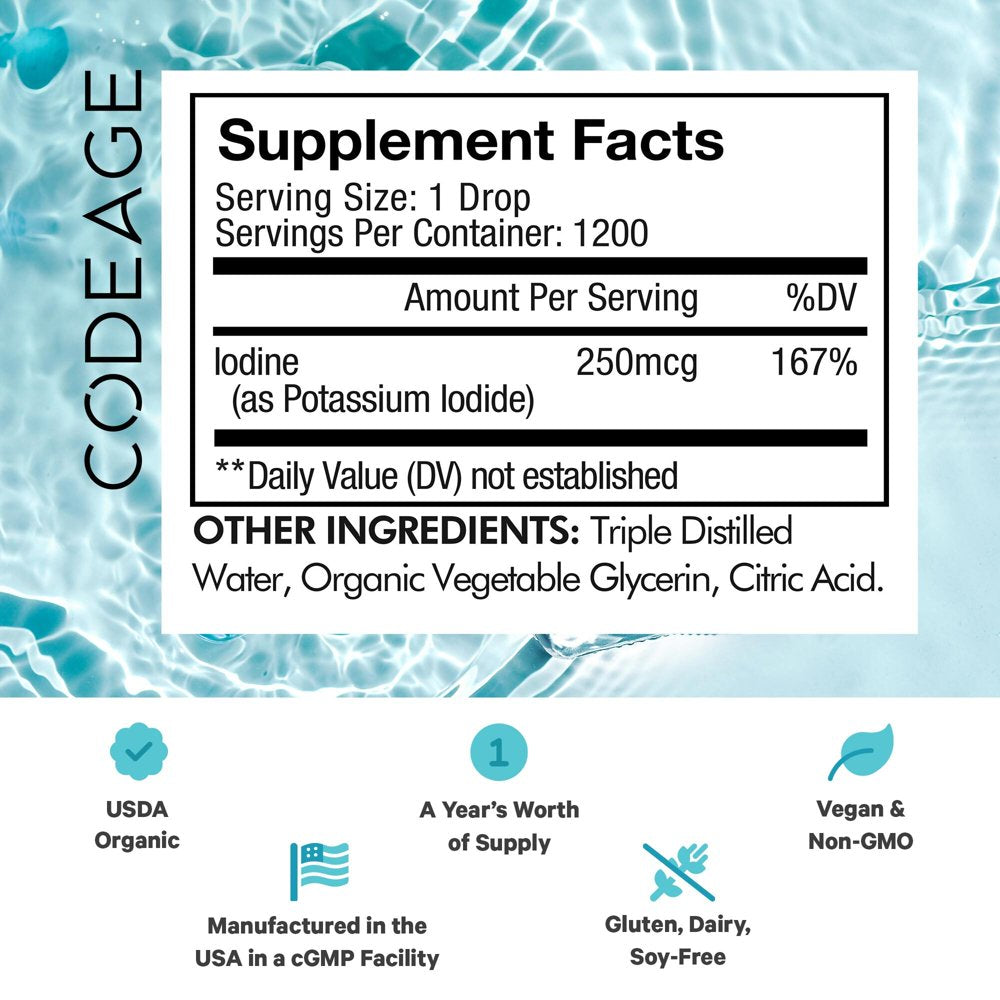 Codeage Iodine + Supplement, USDA Certified Organic, Vegan Liquid Iodine Drops, Mineral Solution, 2 Fl Oz
