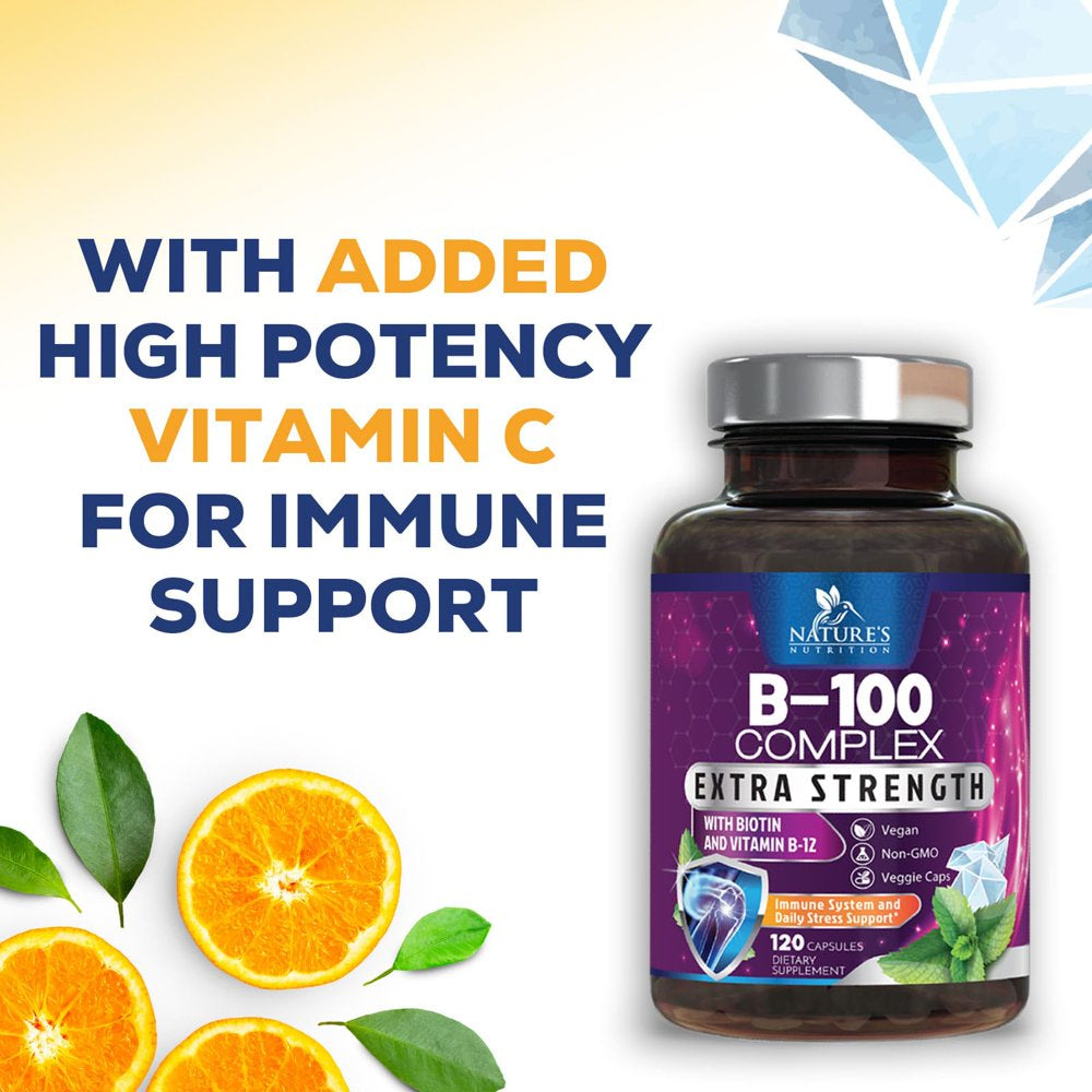 Vitamin B Complex with Vitamin C & Folic Acid - Dietary Supplement for Energy, Immune, & Brain Support - Nature'S Super B Vitamin Complex for Women and Men, Made with Folate - 120 Vegetarian Capsules