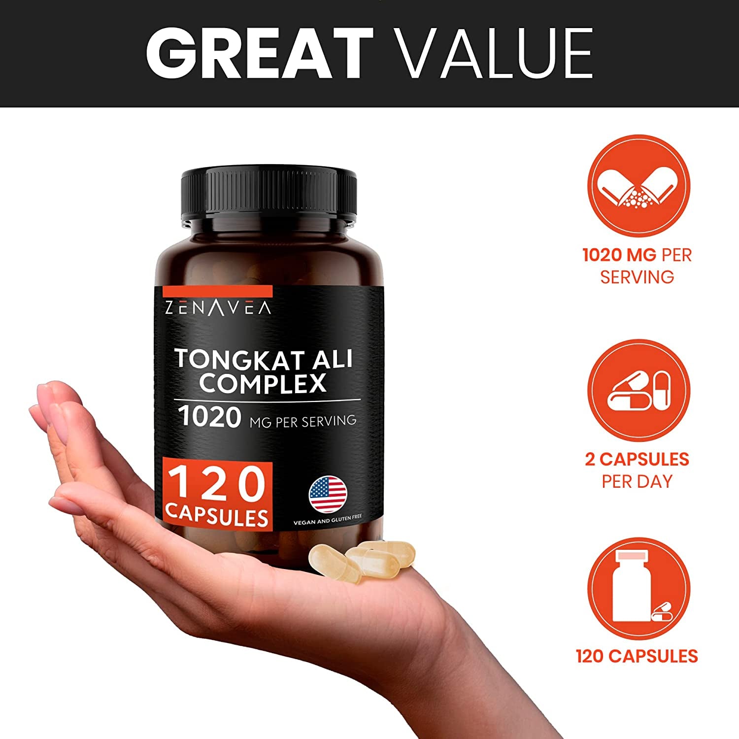 Zenavea Tongkat Ali for Men Longjack Tongkat-Ali, 1000 Mg per Serving (200:1) - Eurycoma Longifolia Boosts Energy Levels - 120 Capsules