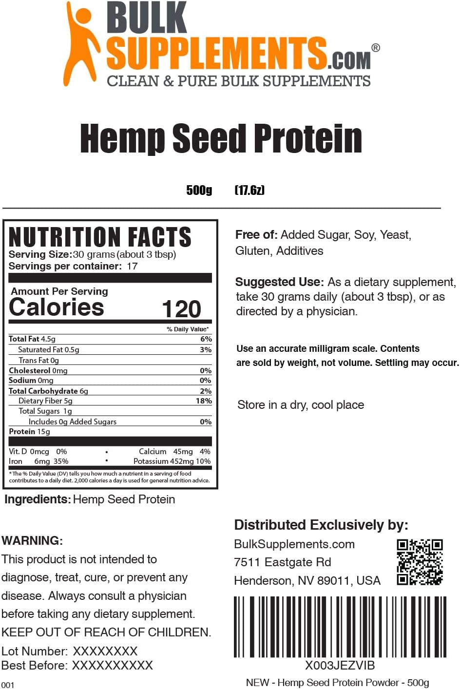 BULKSUPPLEMENTS.COM Hemp Powder - Vegan Protein Powder - Unsweetened Protein Powder - Superfood Protein Powder (500 Grams - 1.1 Lbs)