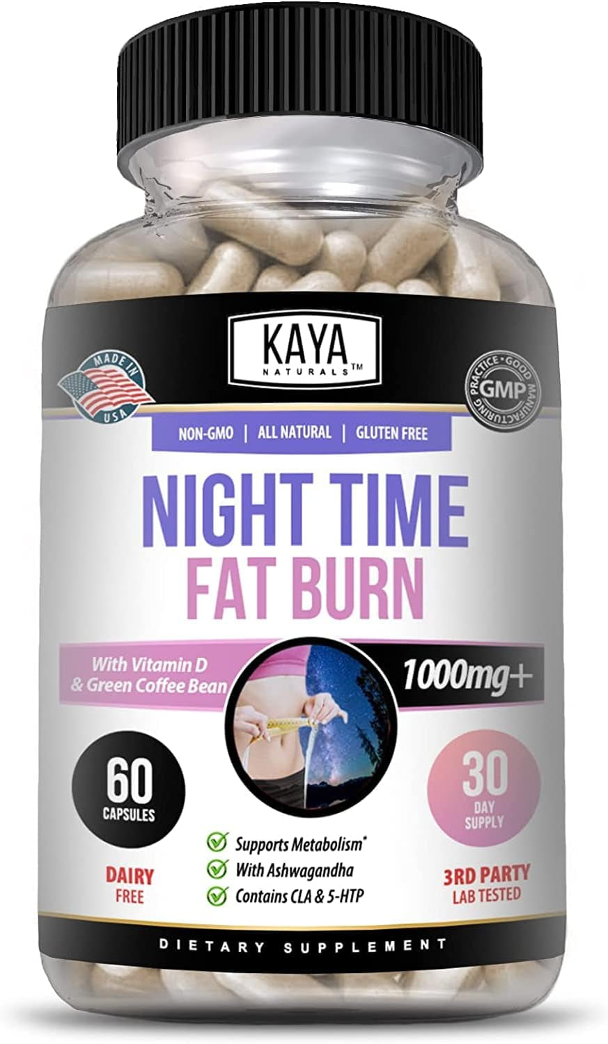 Kaya Naturals Night Time FB | Sleep Support and Metabolism Booster for Women and Men to Reduce Belly Fat | Contains L-Theanine, 5-HTP, and Ashwagandha Root - Stimulant-Free (60 Capsules)