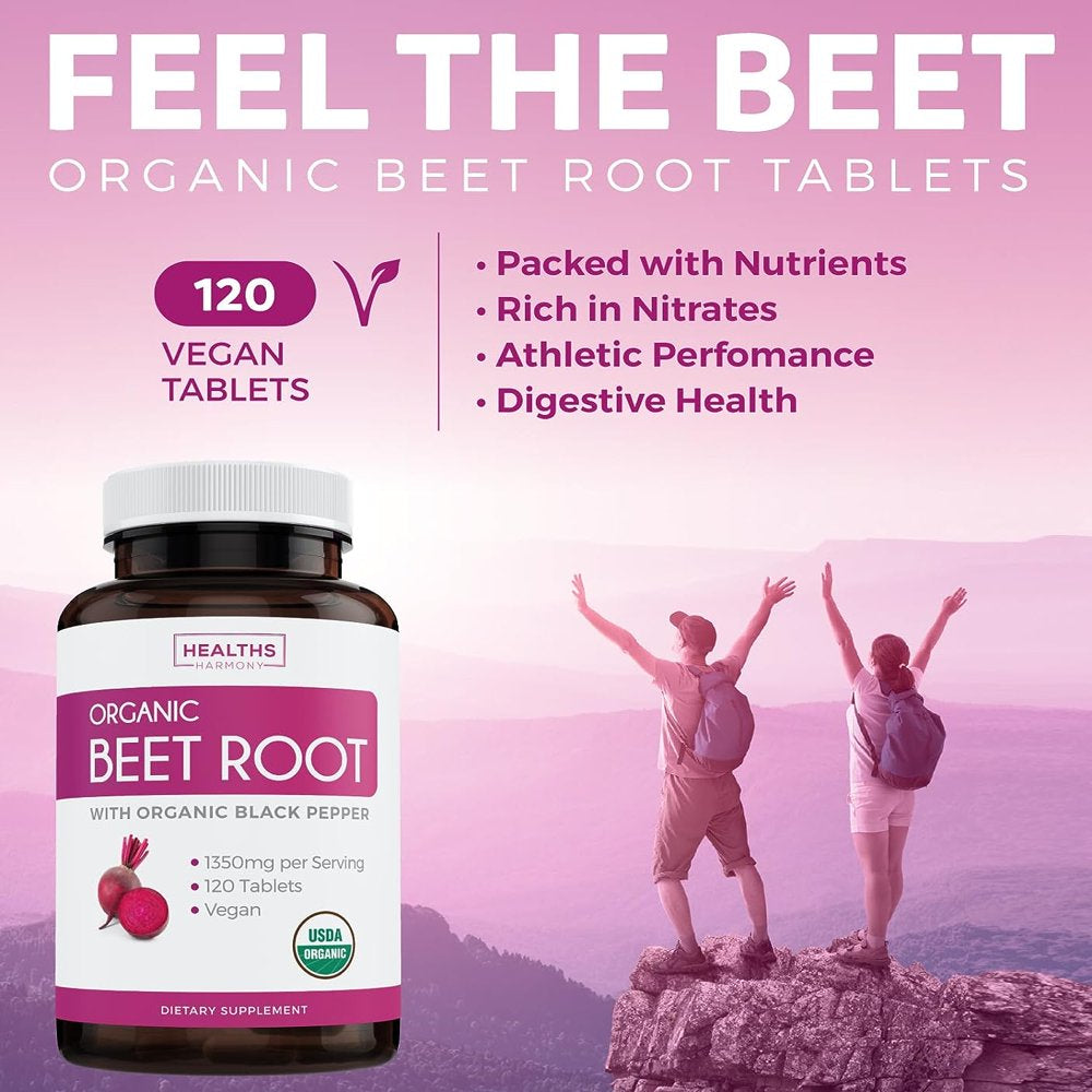 Healths Harmony Organic Beet Root Powder (120 Tablets) 1350Mg Beets per Serving with Black Pepper for Extra Absorption - Nitrate Supplement for Circulation, Heart Health - No Capsules