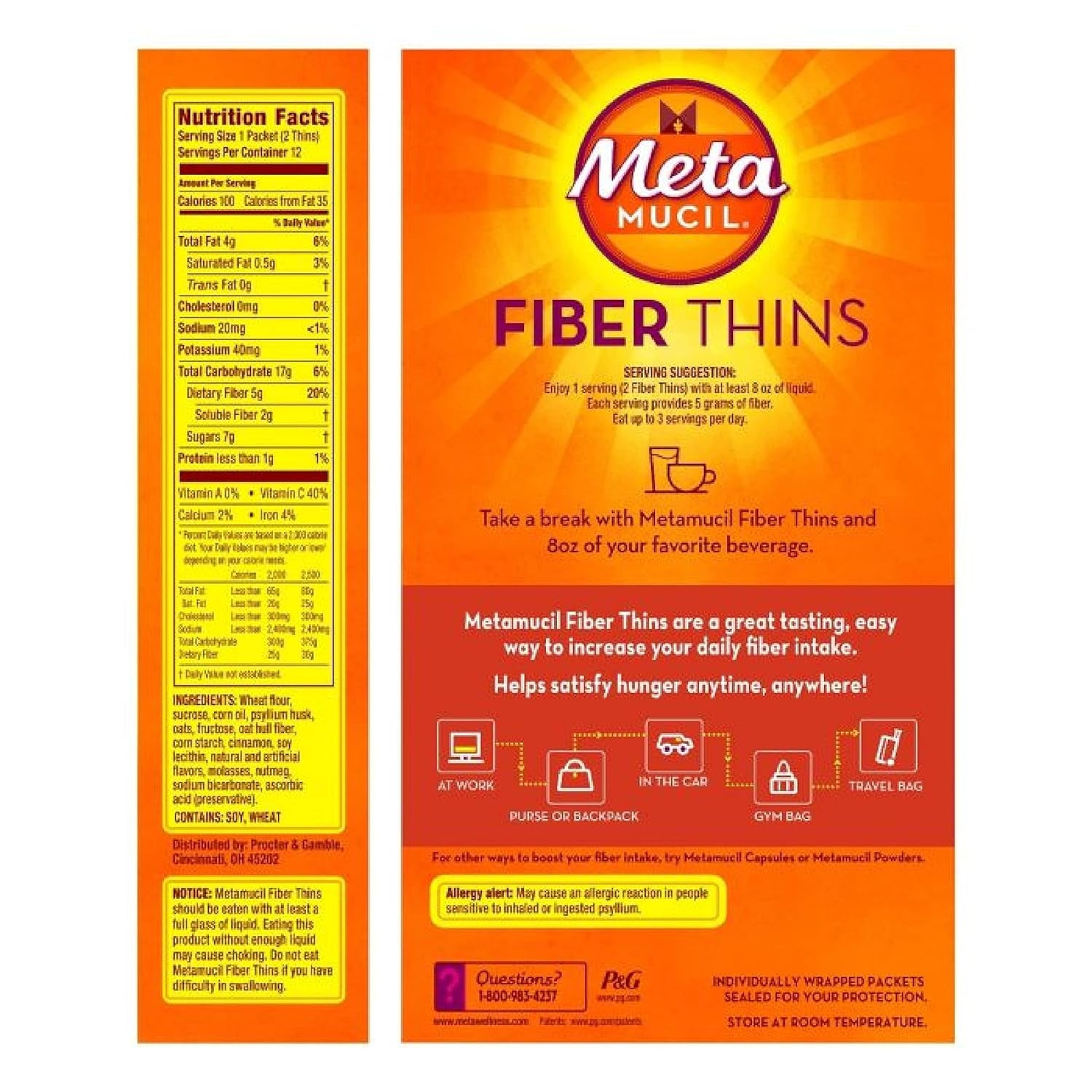 Metamucil Fiberthins Fiber Supplement with Bleam Digestive Health Support Tip Card Psyllium Fiber Bars - 12CT Cinnamon Spice & 12CT Chocolate - Set