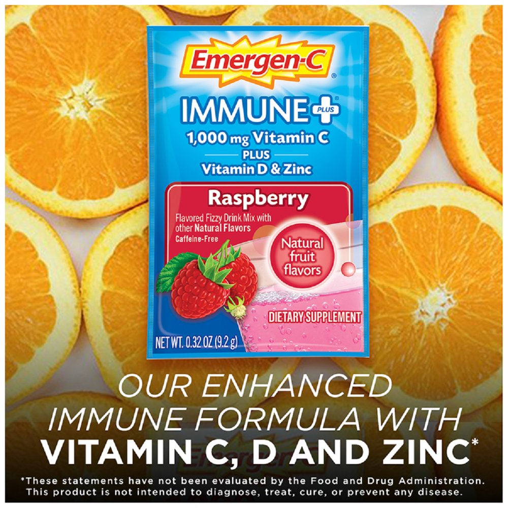 Emergen-C Immune+ 1000Mg Vitamin C Powder, with Vitamin D, Zinc, Antioxidants and Electrolytes for Immunity, Immune Support Dietary Supplement, Raspberry Flavor - 10 Count