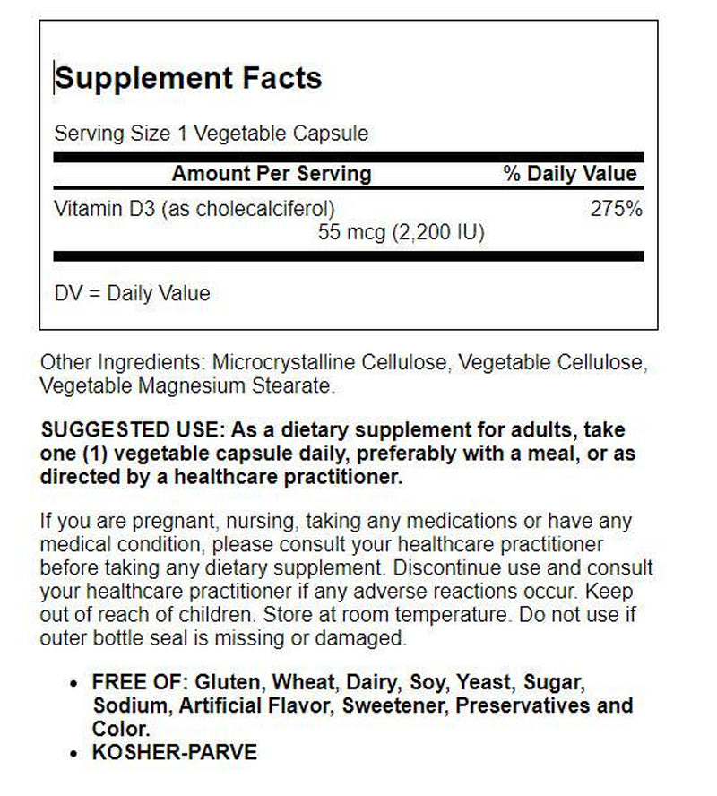 Solgar Vitamin D3 (Cholecalciferol), 55 Mcg (2,200 IU), 100 Vegetable Capsules