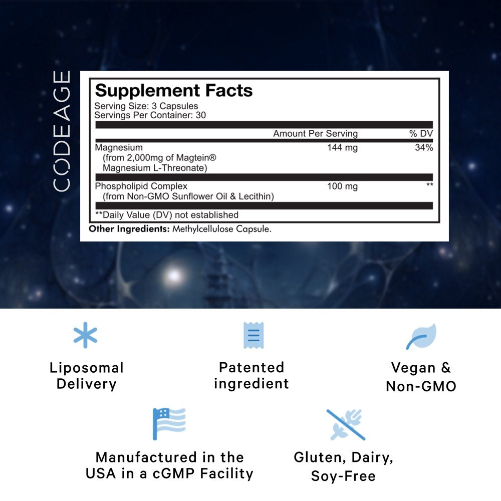 Codeage Liposomal Magnesium L-Threonate Supplement, Magtein Magnesium Threonate Capsules, 90 Ct