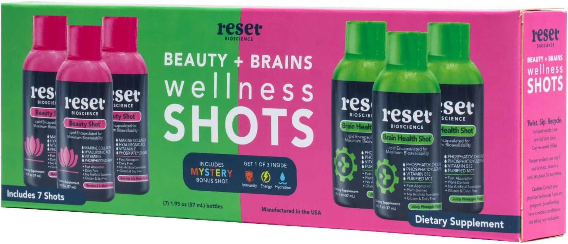 RESET Bioscience Beauty + Brain Wellness Shot Duo- Liquid Marine Collagen Peptides- Brain Support- with Bonus Mystery Shot- Sugar-Free, No Artificial Ingredients, Non-Gmo, GF (Assorted Flavors, 7 PK)