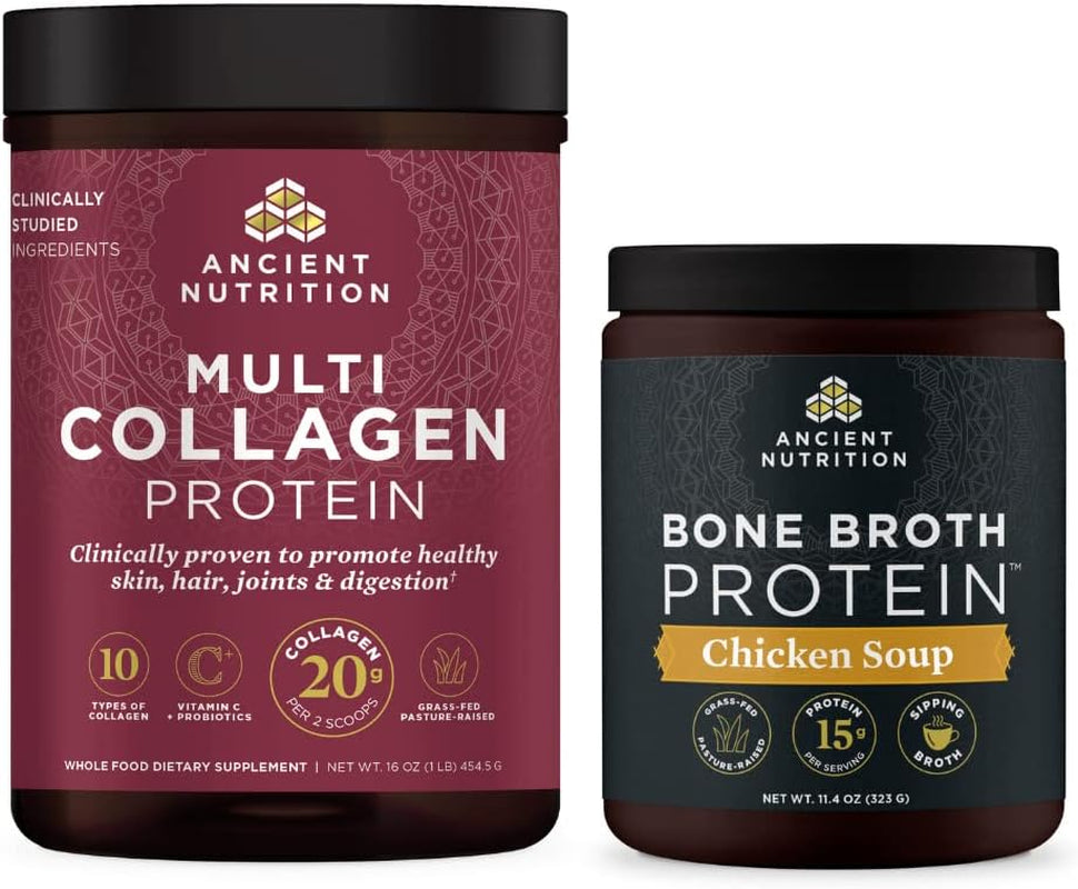 Ancient Nutrition Multi Collagen Protein Powder, Unflavored, 45 Servings + Bone Broth Protein Powder, Chicken Soup, 15 Servings