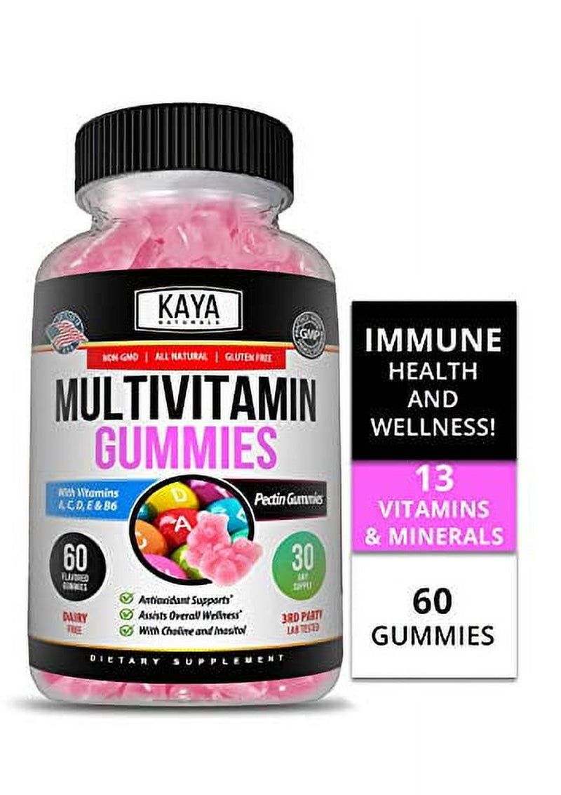 Kaya Naturals Adult Multi Vitamin Gummy, 60 Count, Biotin, Vitamin A, C & E, Including Zinc &Vitamin B-12, Folic Acid, Strawberry Flavor (60 Gummies)