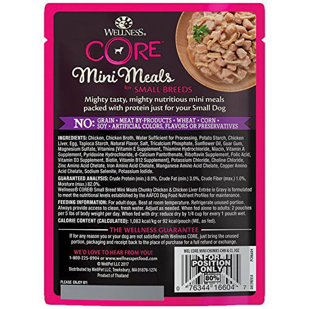 Wellness CORE Natural Grain Free Small Breed Mini Meals Wet Dog Food, Chunky Chicken & Chicken Liver Entrée in Gravy, 3-Ounce Pouch (Pack of 12)