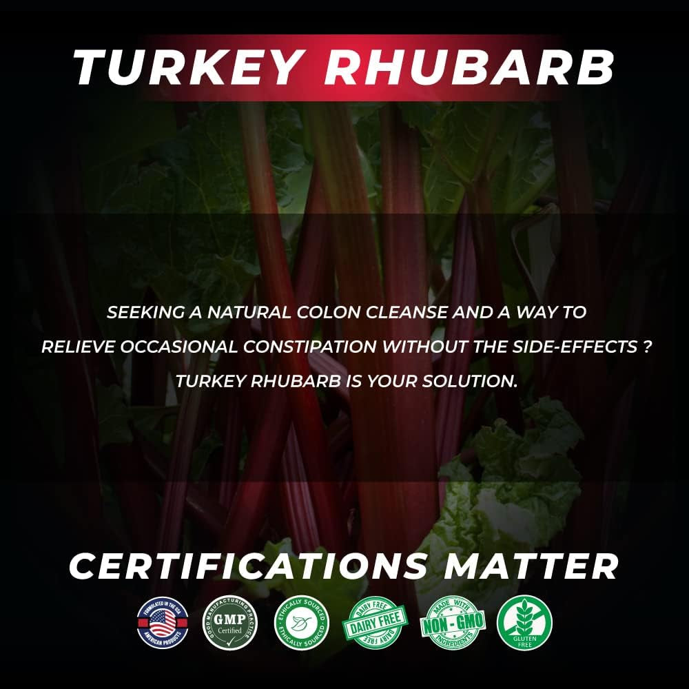 Turkey Rhubarb, 1000Mg Rhizoma Rehi Root Extract, 200 Capsules 100 Day Supply, Non-Gmo, Gluten Free, Colon Cleanse, Supplement for Disgestive Health