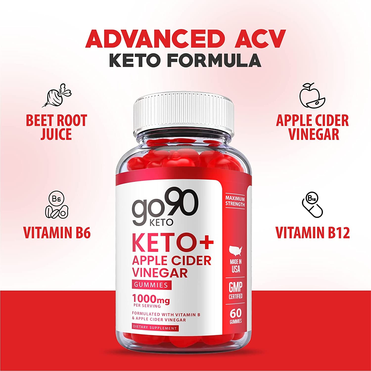 Go90 Keto Gummies - Official Formula, Vegan - Go 90 Keto ACV Gummies with Apple Cider Vinegar, Vitamin B12, Go90 ACV Keto Gummy Ss, Weight Apple Loss Cider Pomegranate Juice, Beet Root (60 Gummies)