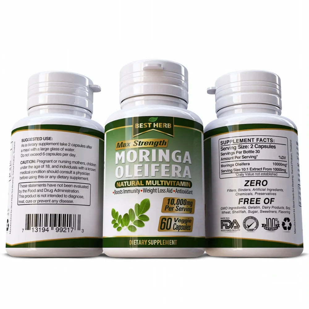 Moringa Oleifera Natural Multi-Vitamin 10:1 Leaf Extract Boosts Immune System Capsules