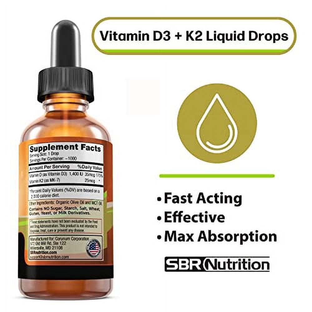 USDA Organic Vitamin D3 + K2 (MK-7) Sublingual Liquid Drops with MCT Oil | Naturally Unflavored | Helps Support Strong Bones and Healthy Heart, Boost Immune System