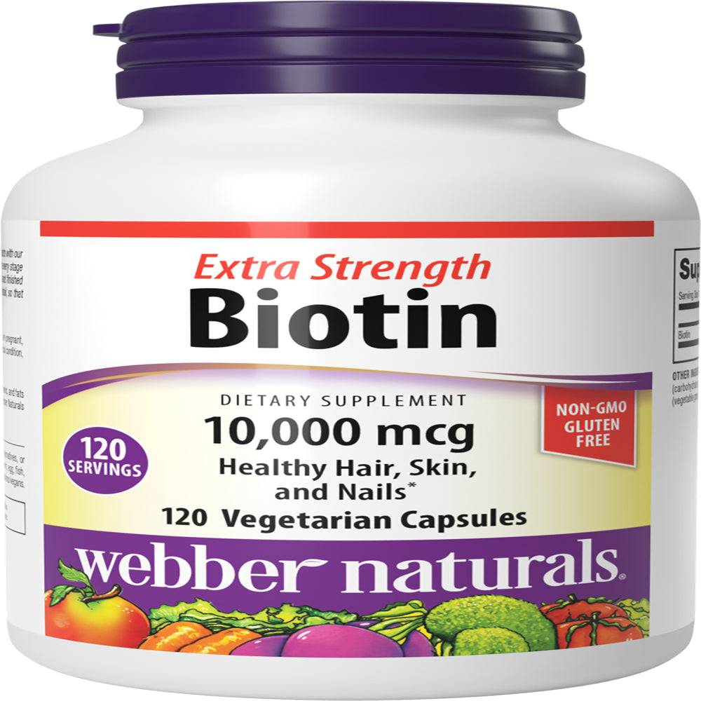 Webber Naturals Extra Strength Biotin 10,000 Mcg, 120 Capsules, Supports Healthy Hair, Skin & Nails, Energy Metabolism, Vitamin Supplement, Gluten Free, Non-Gmo, Suitable for Vegetarians and Vegans