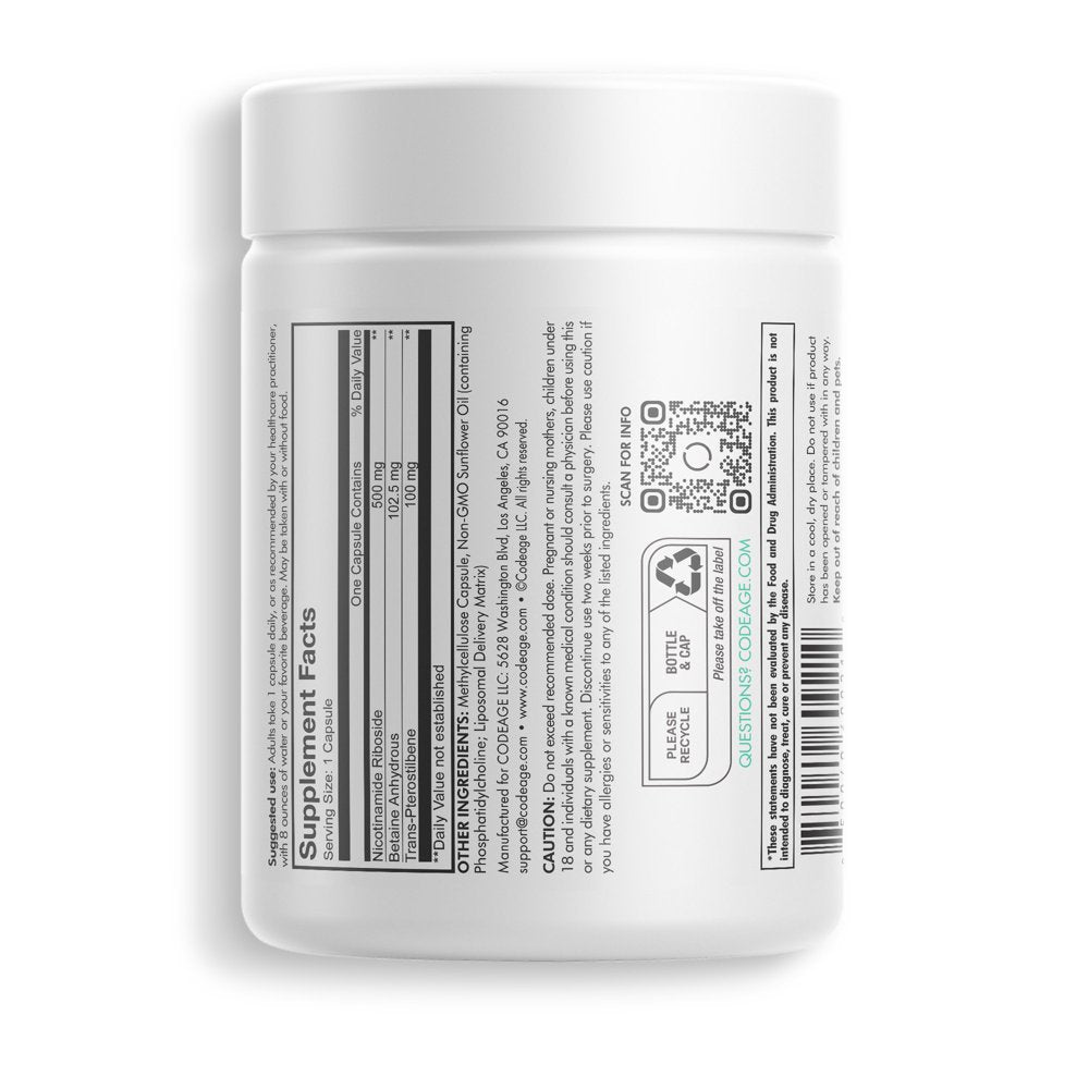 Codeage Liposomal Nicotinamide Riboside Supplement 500Mg NR+, Betaine Anhydrous Pterostilbene, 60 Ct