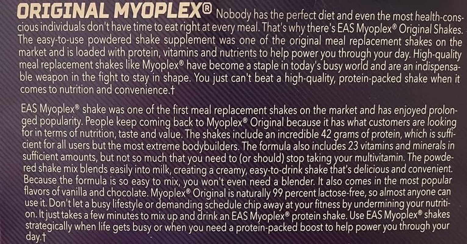 EAS Original MYOPLEX Maximum Muscle Builder - Meal Replacement Protein Mix - Double Rich Chocolate - 20 Individual Packets - Quality Protein Blend - 42G per Serving