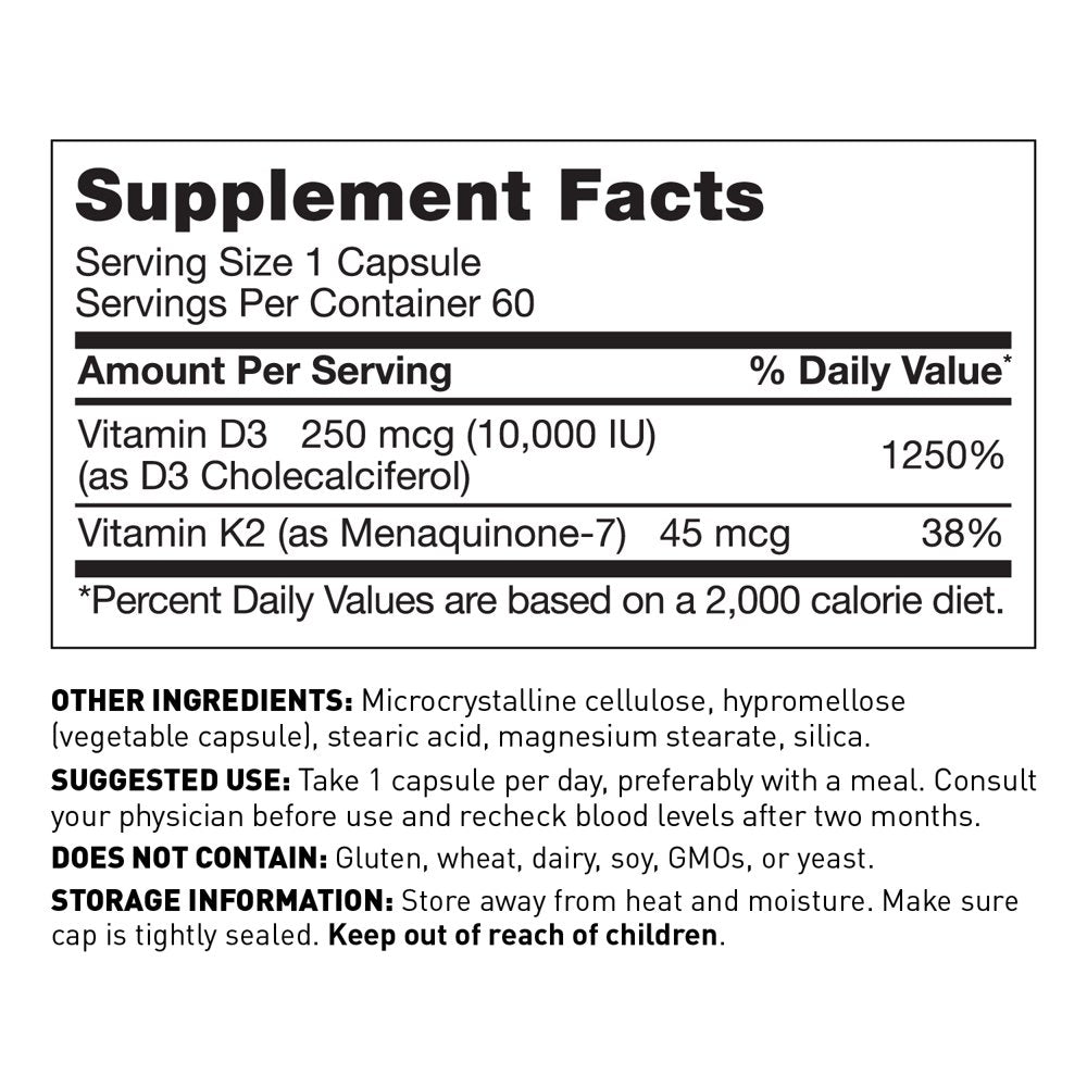 Amy Myers MD Vitamin D3 K2 10000 IU - Vitamin K2 MK-7 45 Mcg - Supports Immune Function, Energy Levels & Positive Mood - for Calcium Absorption, Bone & Heart Health - Non-Gmo 60 Caps - 2 Month Supply