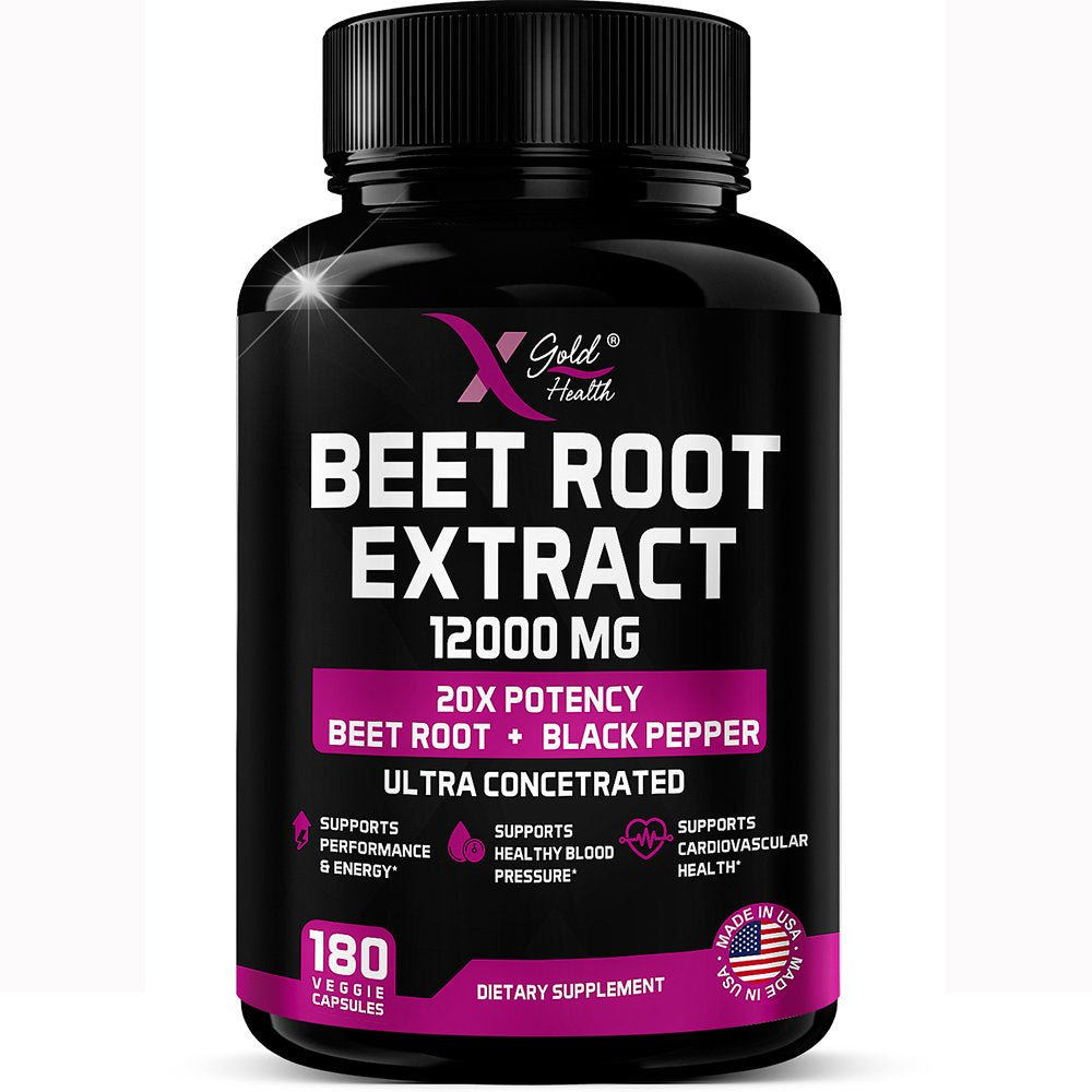 12000Mg 20X Concentrated Extract Beet Root - Natural Nitric Oxide Booster - Highly Concentrated and Highly Bioavailable - W/Black Pepper 180 Veggie Caps