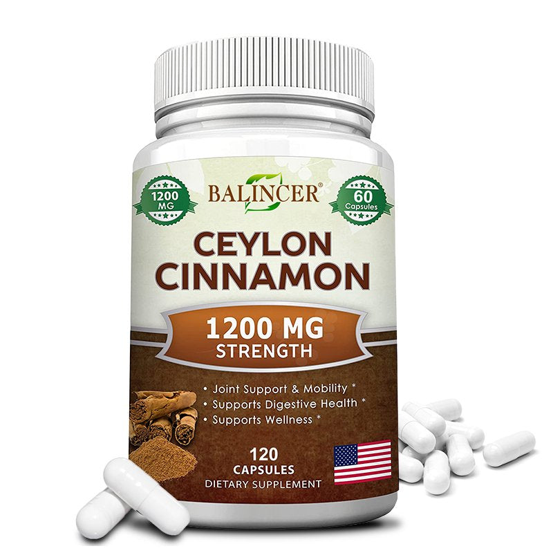 Balincer Natural Ceylon Cinnamon 1200Mg - 60/120 Capsules, True Cinnamon from Sri Lanka, Extract Supplement Pills Promotes Heart Health-120Capsules