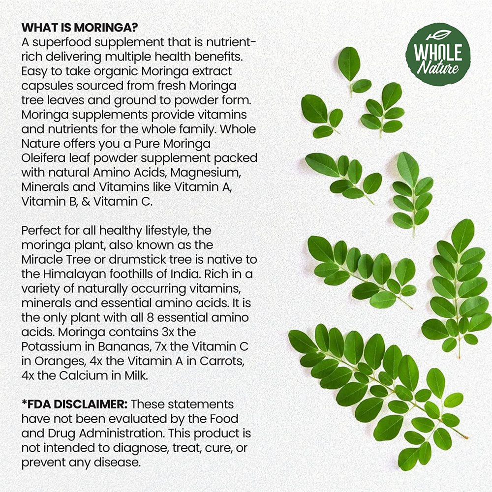 Moringa Capsules, 800Mg Organic Moringa Oleifera Leaves Powder Superfood Greens. Whole Nature'S Pure Moringa Pills Is a Vegan, Non-Gmo Energy Booster and Immune Support Supplement