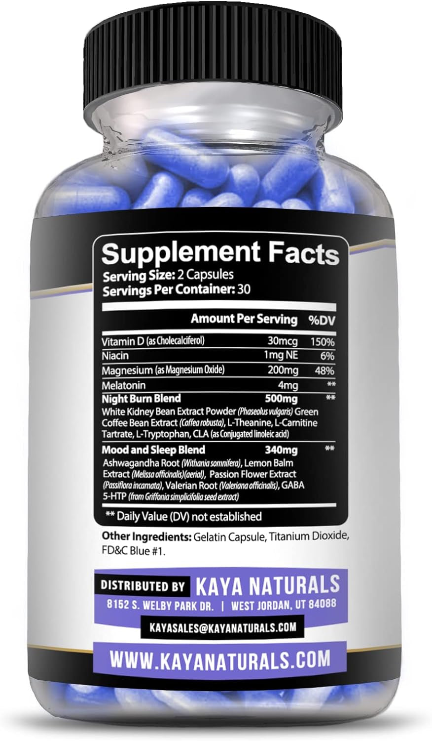 Kaya Naturals Night Time FB | Sleep Support and Metabolism Booster for Women and Men to Reduce Belly Fat | Contains L-Theanine, 5-HTP, and Ashwagandha Root - Stimulant-Free (60 Capsules)