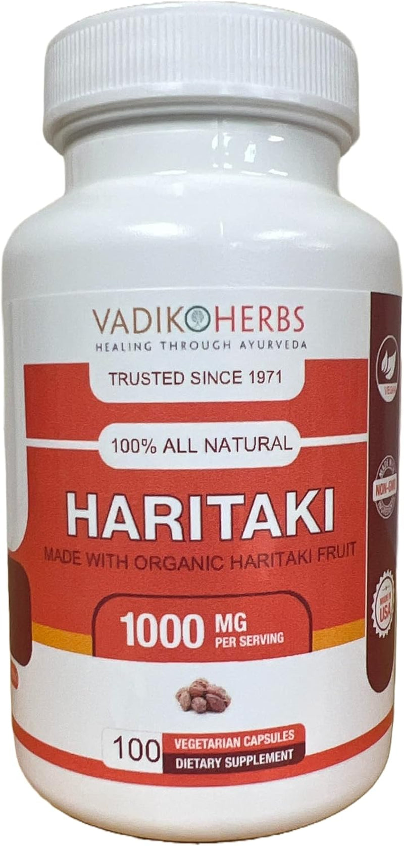 Vadik Herbs Certified Organic Haritaki (Terminalia Chebula) | Made in USA | Wildcrafted and Safety Tested (100 Vegicaps)