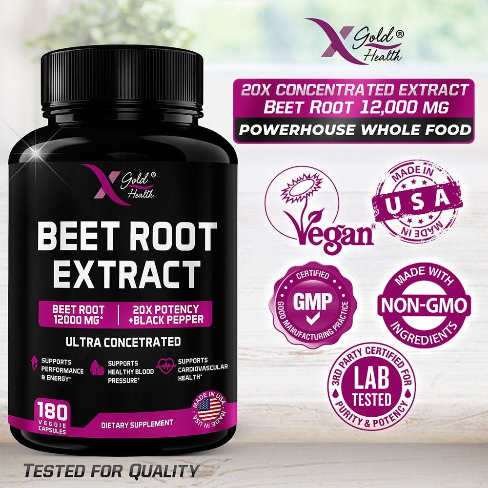 12000Mg 20X Concentrated Extract Beet Root - Natural Nitric Oxide Booster - Highly Concentrated and Highly Bioavailable - W/Black Pepper 180 Veggie Caps