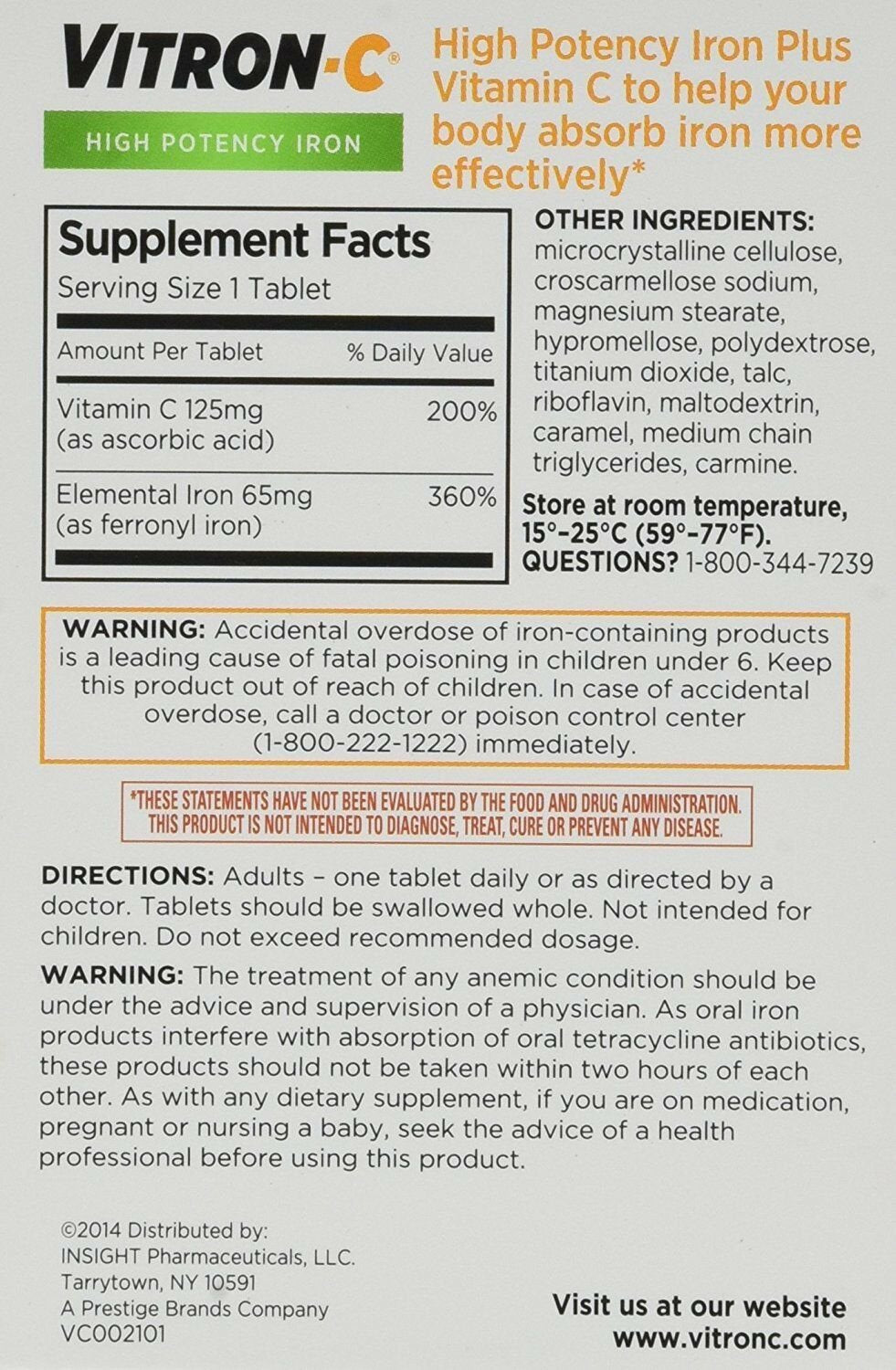 Vitron-C High Potency Iron with Vitamin C Supplement, 60 Ct, 2 Pack