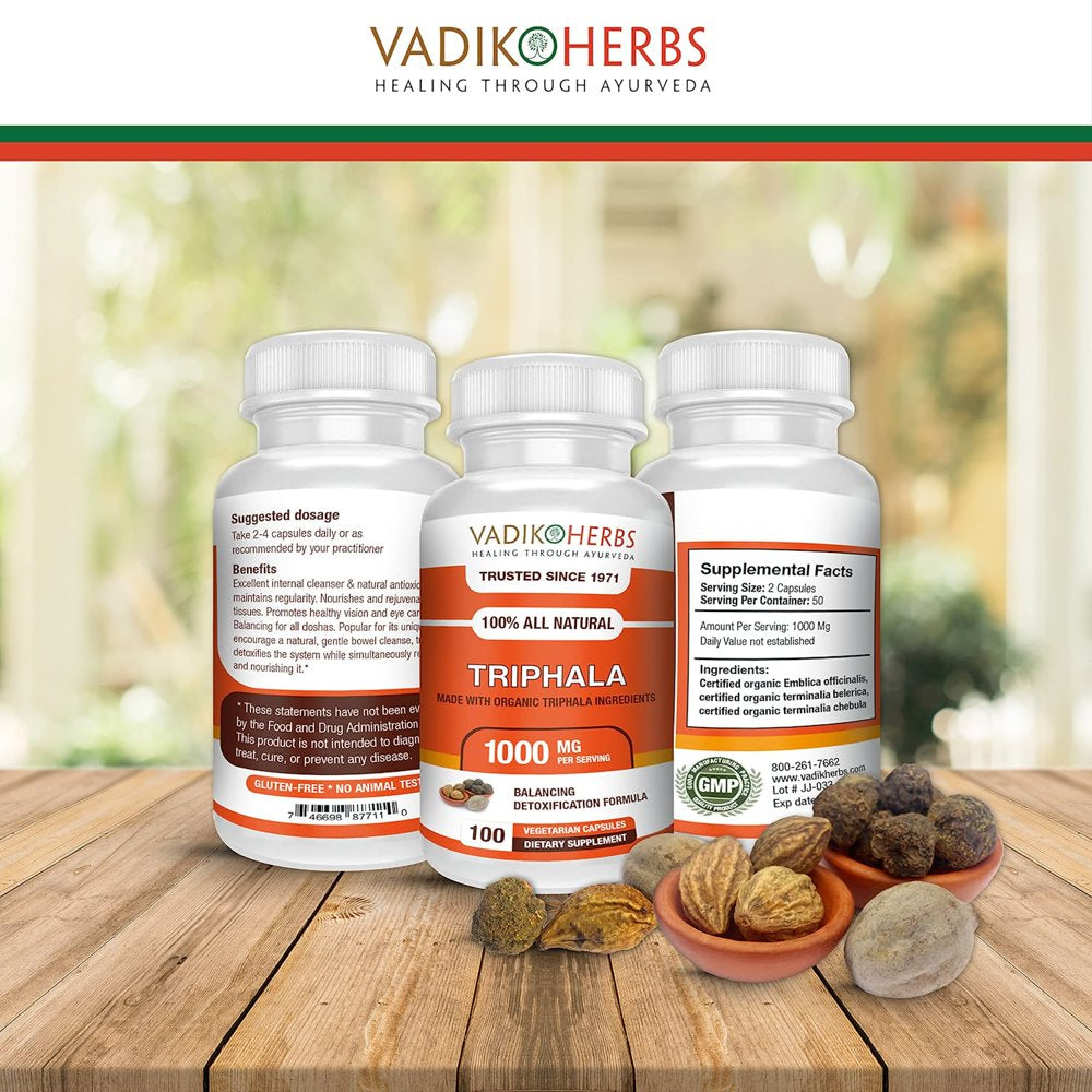 Triphala (Trifala) Powder Organic 100 Veg Capsules by Vadik Herbs | Colon Cleanse and Liver Detox | Immune System Support Supplements