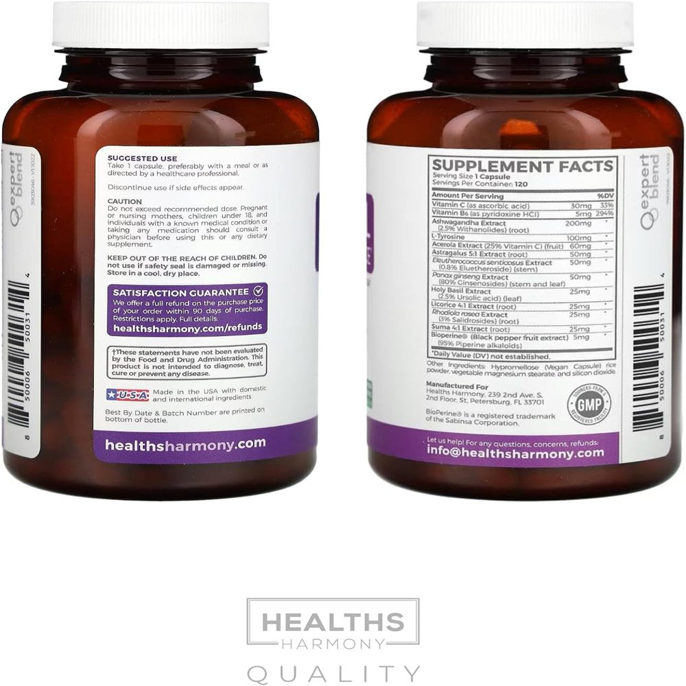 Healths Harmony Adrenal Support & Cortisol Manager (Non-Gmo) Adrenal Health with L-Tyrosine & Ashwagandha - Maintain Balanced Cortisol Levels & Stress Relief - Fatigue Supplement - 120 Capsules