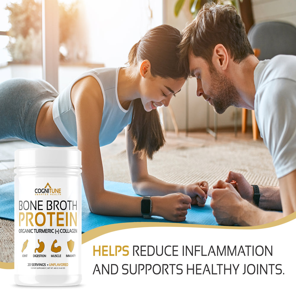 COGNITUNE Bone Broth Protein Powder with Organic Turmeric & Collagen Peptides, Unflavored, 22G Protein, 20 Servings