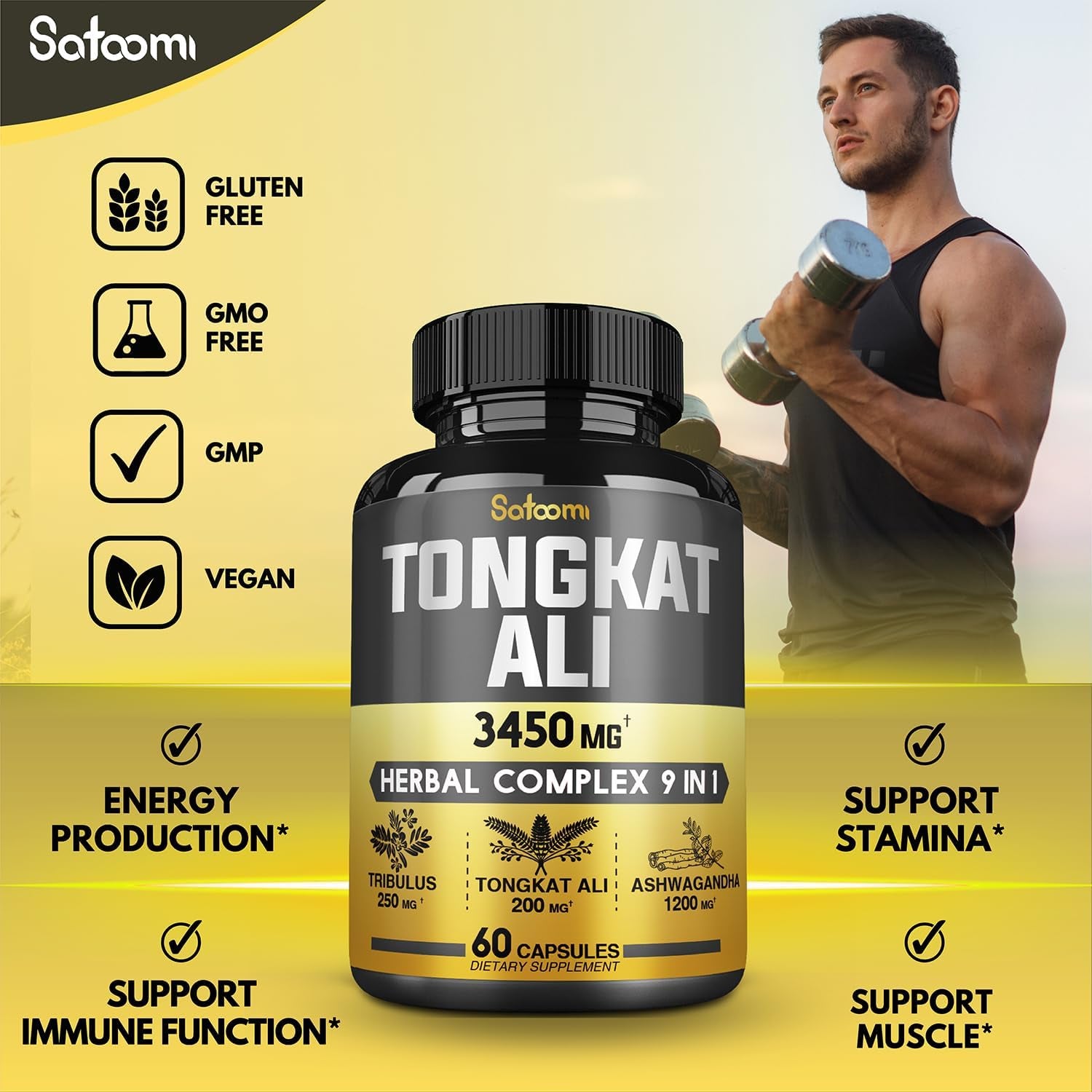 2 Packs_120Capsules - 9 in 1 Tongkat Ali Root Extract 200:1 Equivalent to 3450Mg. Support Strength, Energy and Healthy Immune