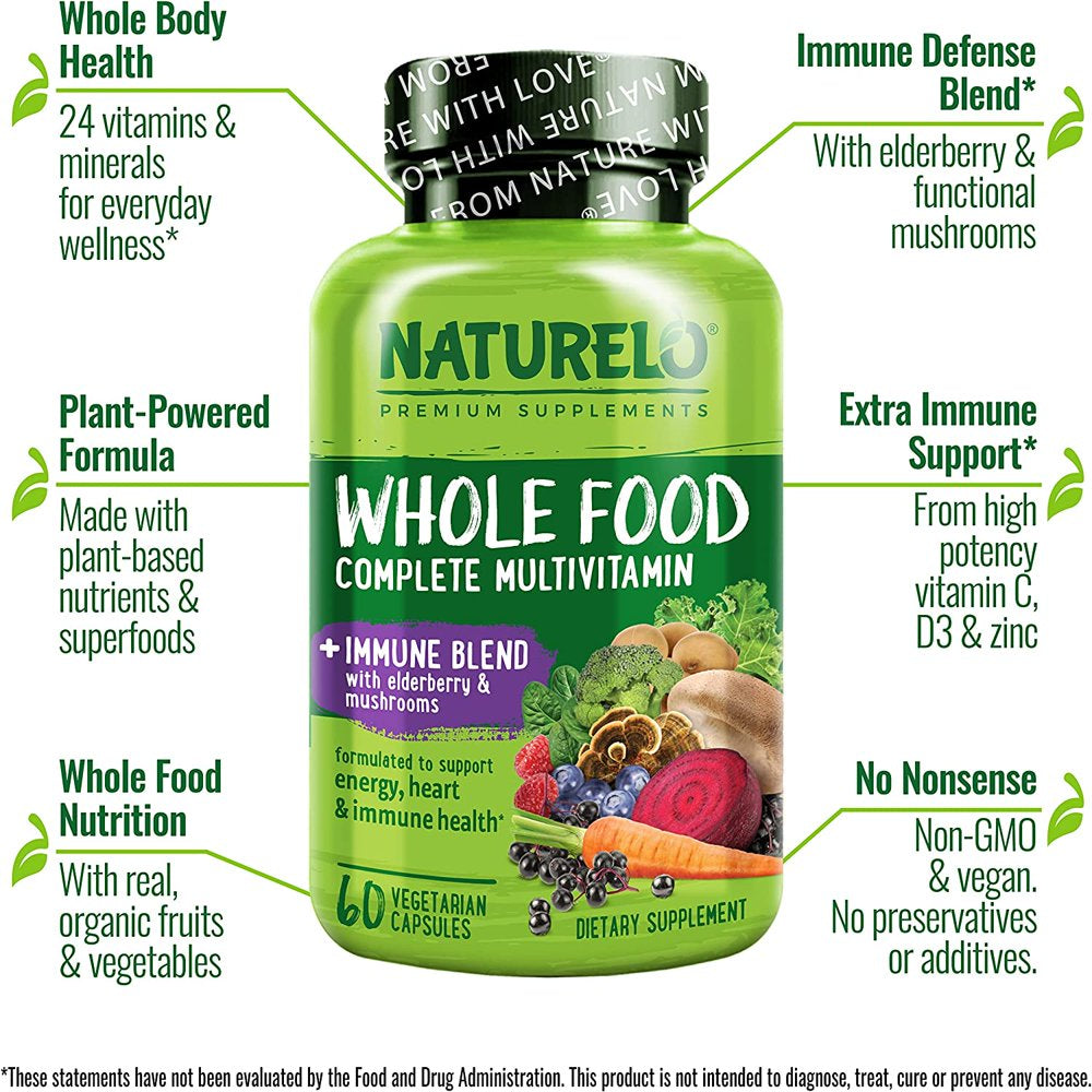 NATURELO Whole Food Multivitamin with Immune Support - 60 Vegan Capsules