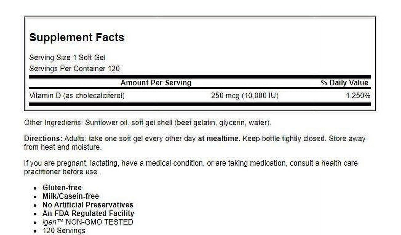 Carlson Vitamin D3 10000 IU Softgels, 120 Ct