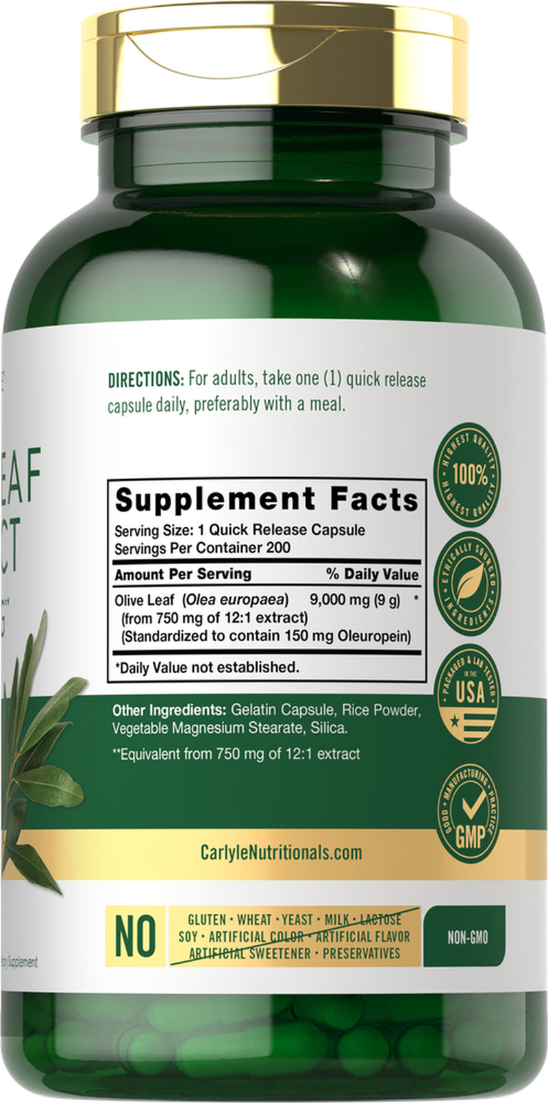Olive Leaf Extract | 9000Mg | 200 Capsules | High Potency Formula | by Carlyle