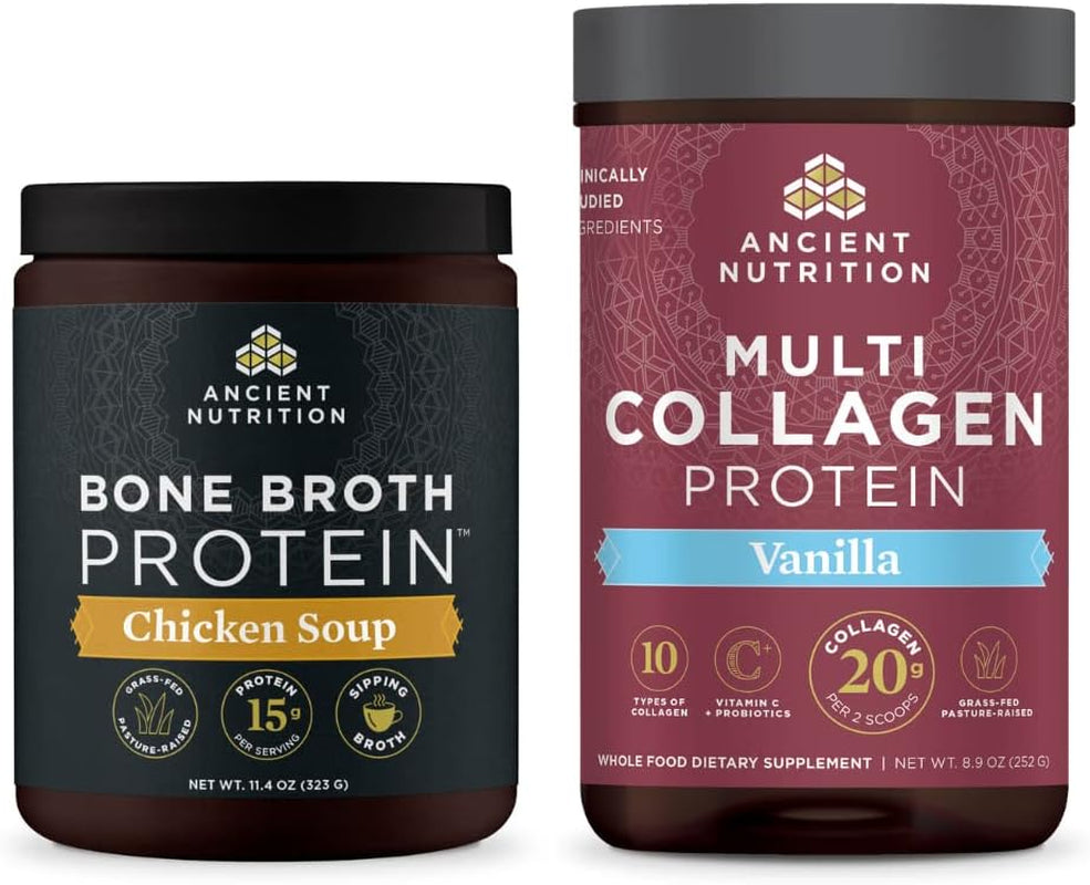 Ancient Nutrition Bone Broth Protein Powder, Chicken Soup, 15 Servings + Multi Collagen Protein Powder, Vanilla, 24 Servings