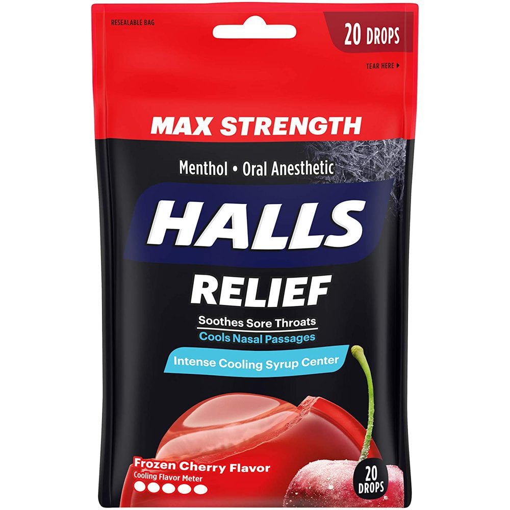 Halls Relief Max Strength Extra Strong Menthol Throat Drops, Frozen Cherry Flavor, 3 Packs of 20 Drops (60 Total Drops)