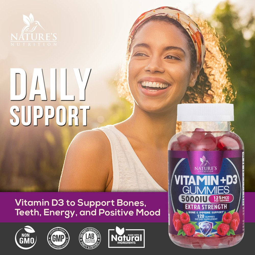 Vitamin D3 Gummies 5,000 IU 125 Mcg - Extra Strength to Support Bone Health and Natural Immune Support - Delicious, Non-Gmo, Tasty Gummy for Children, Adults, and Seniors - 120 Gummies