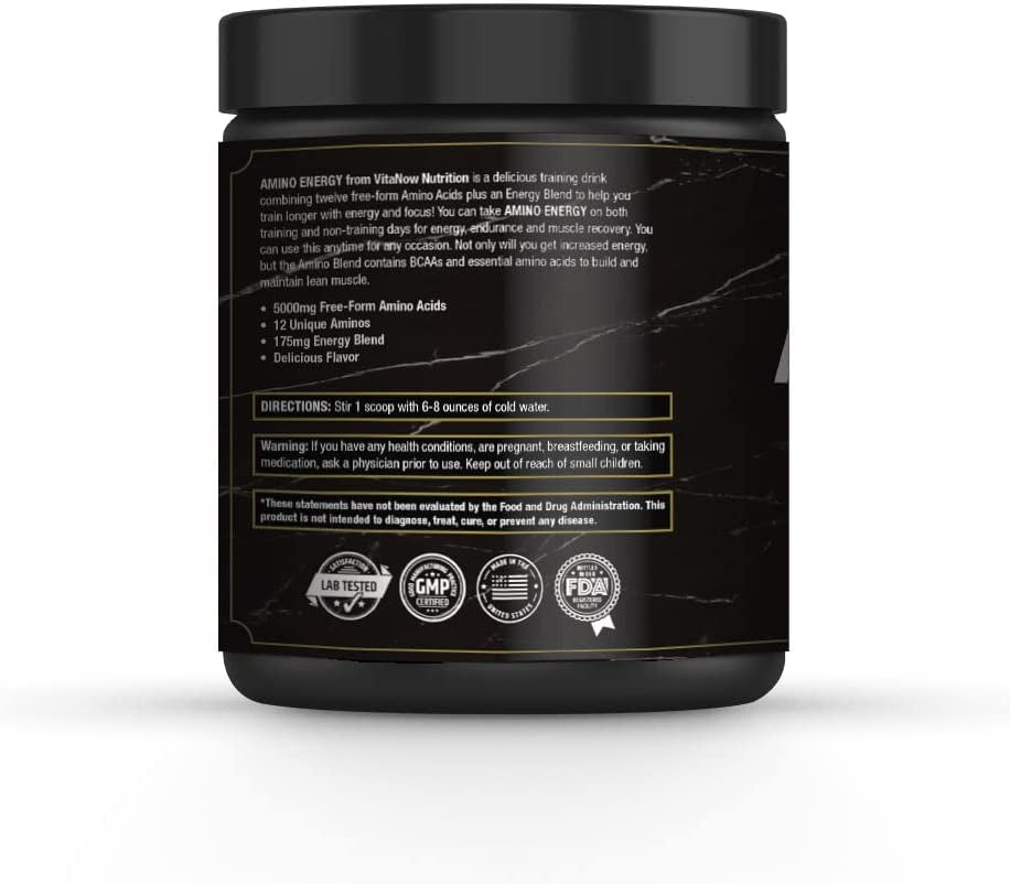 VITANOW NUTRITION Amino+Energy, 12 Amino Acids plus Energy Blend, Contain Carbs, 360G, 40 Servings (Raspberry Ice Tea)