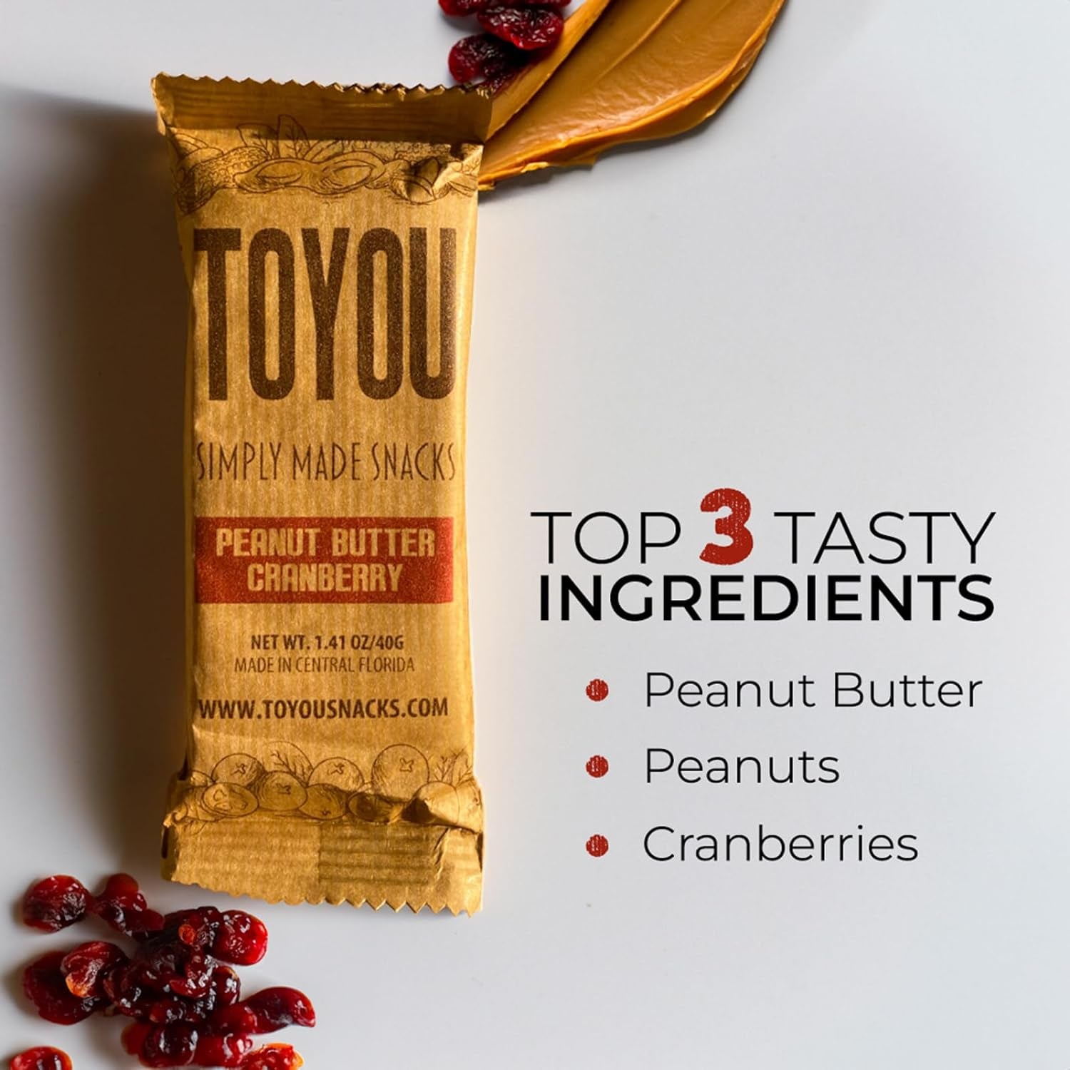 Toyou Gluten Free Dried Fruit and Nuts Snack Bars, Peanut Butter Cranberry Flavor, 6 Count