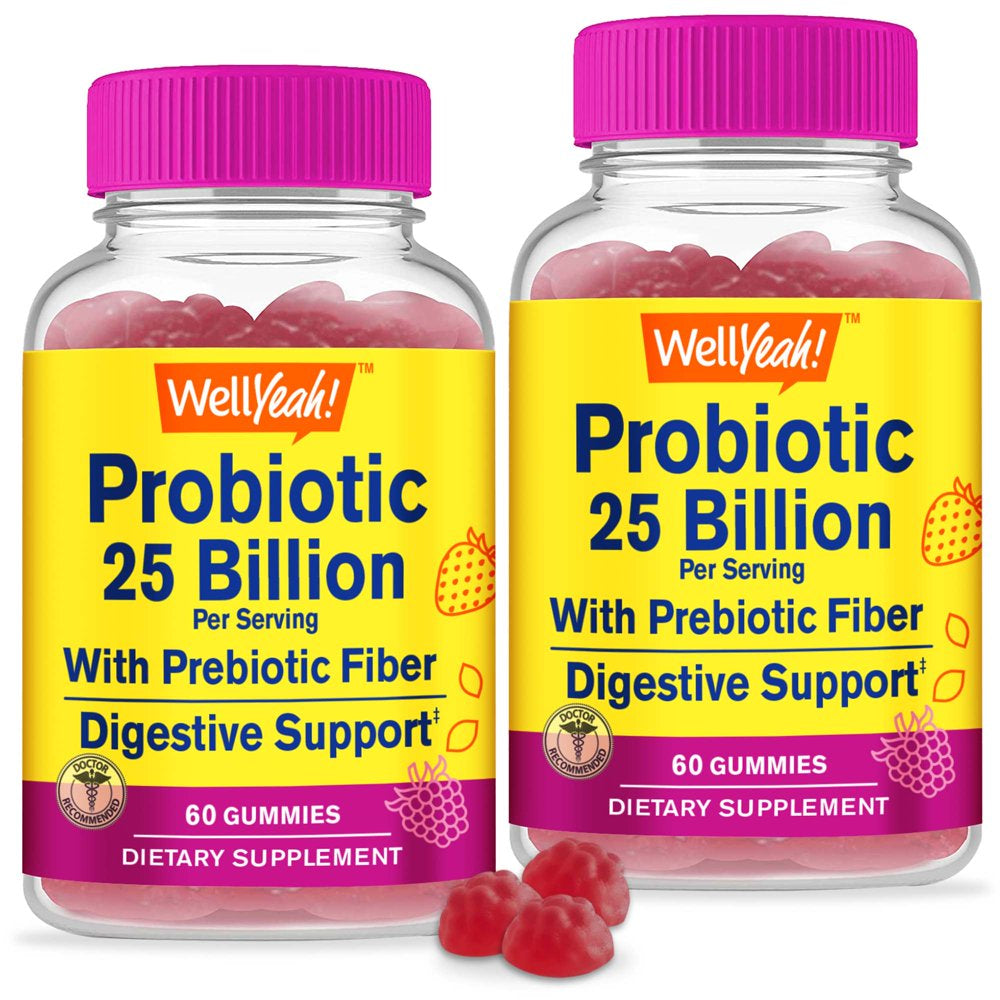 Wellyeah (2 Pack) 25 Billion Probiotics + Prebiotics for Men and Women Gummies - Digestive Support, Gut Health, Immune Support Gummy - Probiotics for Digestive Health with 12 Strains - 60 Gummies